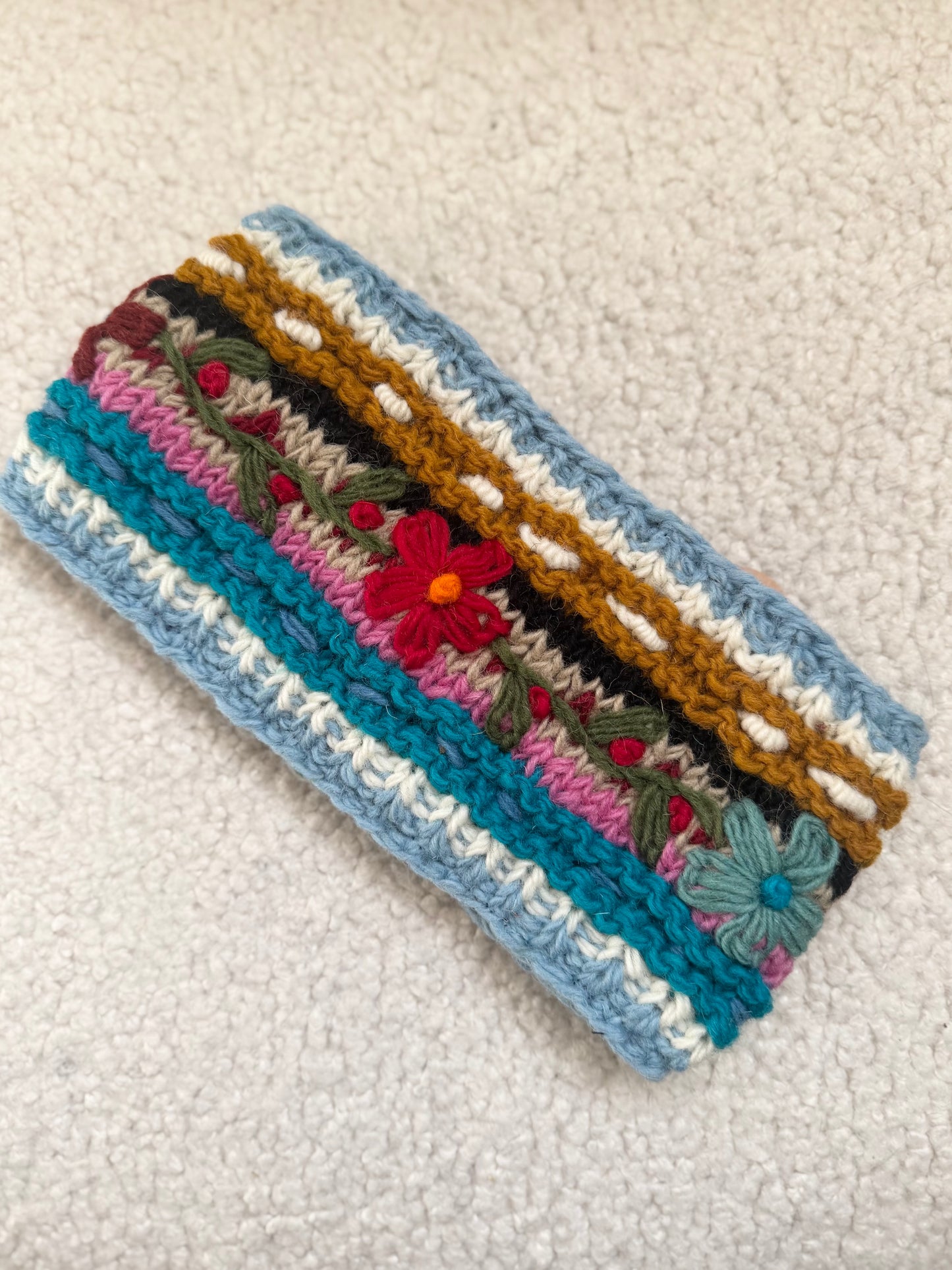 Hand Knit Floral Wool Ear Warmer – Embroidered Headband | Fleece Lined | One of a Kind | Made in Nepal