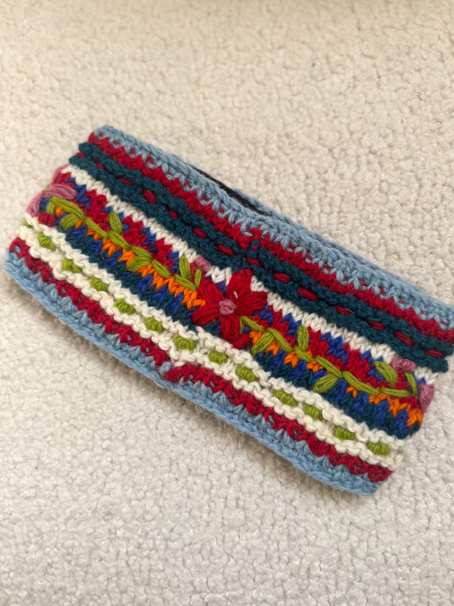 Hand Knit Floral Wool Ear Warmer – Embroidered Headband | Fleece Lined | One of a Kind | Made in Nepal