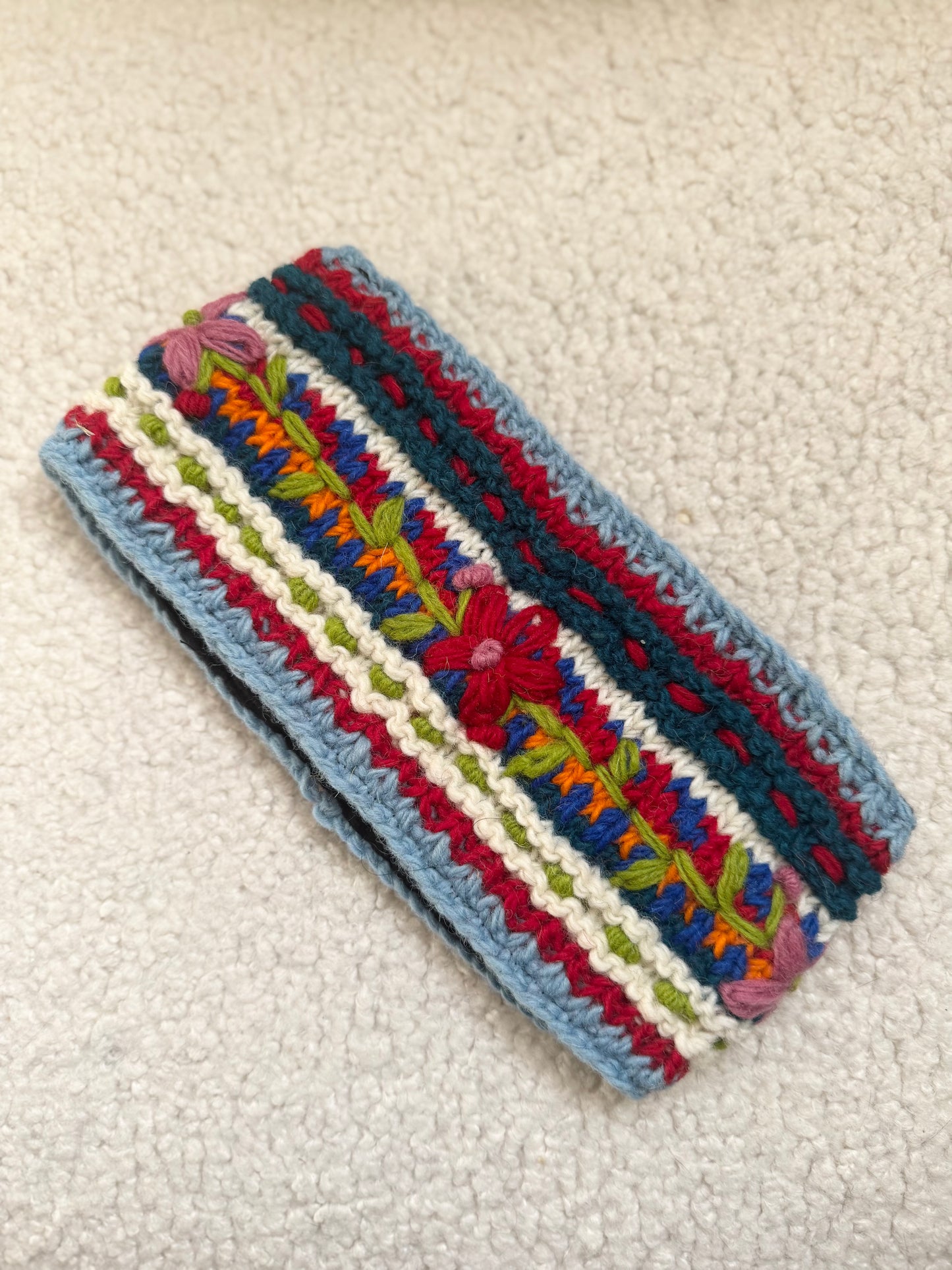 Hand Knit Floral Wool Ear Warmer – Embroidered Headband | Fleece Lined | One of a Kind | Made in Nepal