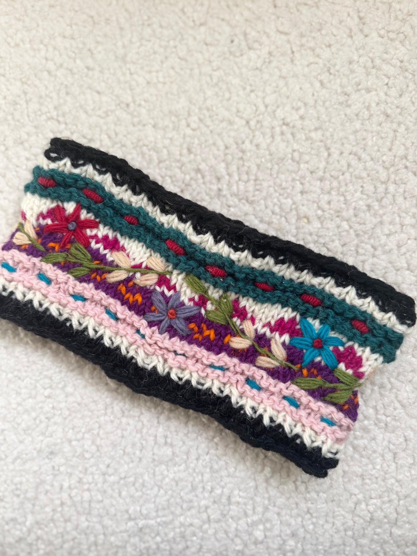 Hand Knit Floral Wool Ear Warmer – Embroidered Headband | Fleece Lined | One of a Kind | Made in Nepal
