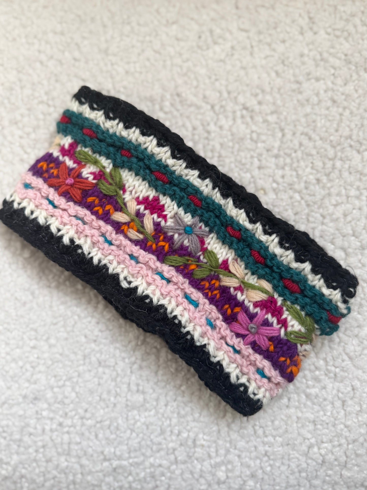 Hand Knit Floral Wool Ear Warmer – Embroidered Headband | Fleece Lined | One of a Kind | Made in Nepal