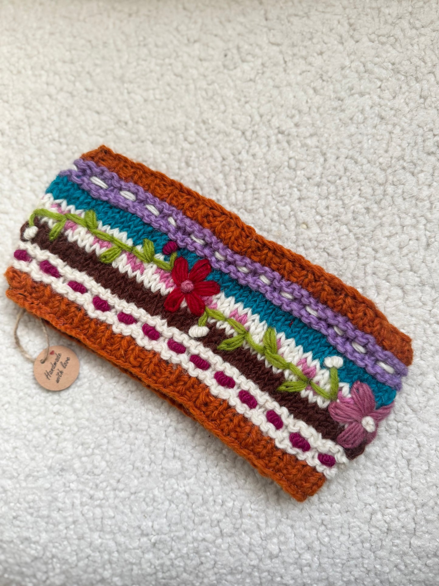 Hand Knit Floral Wool Ear Warmer – Embroidered Headband | Fleece Lined | One of a Kind | Made in Nepal