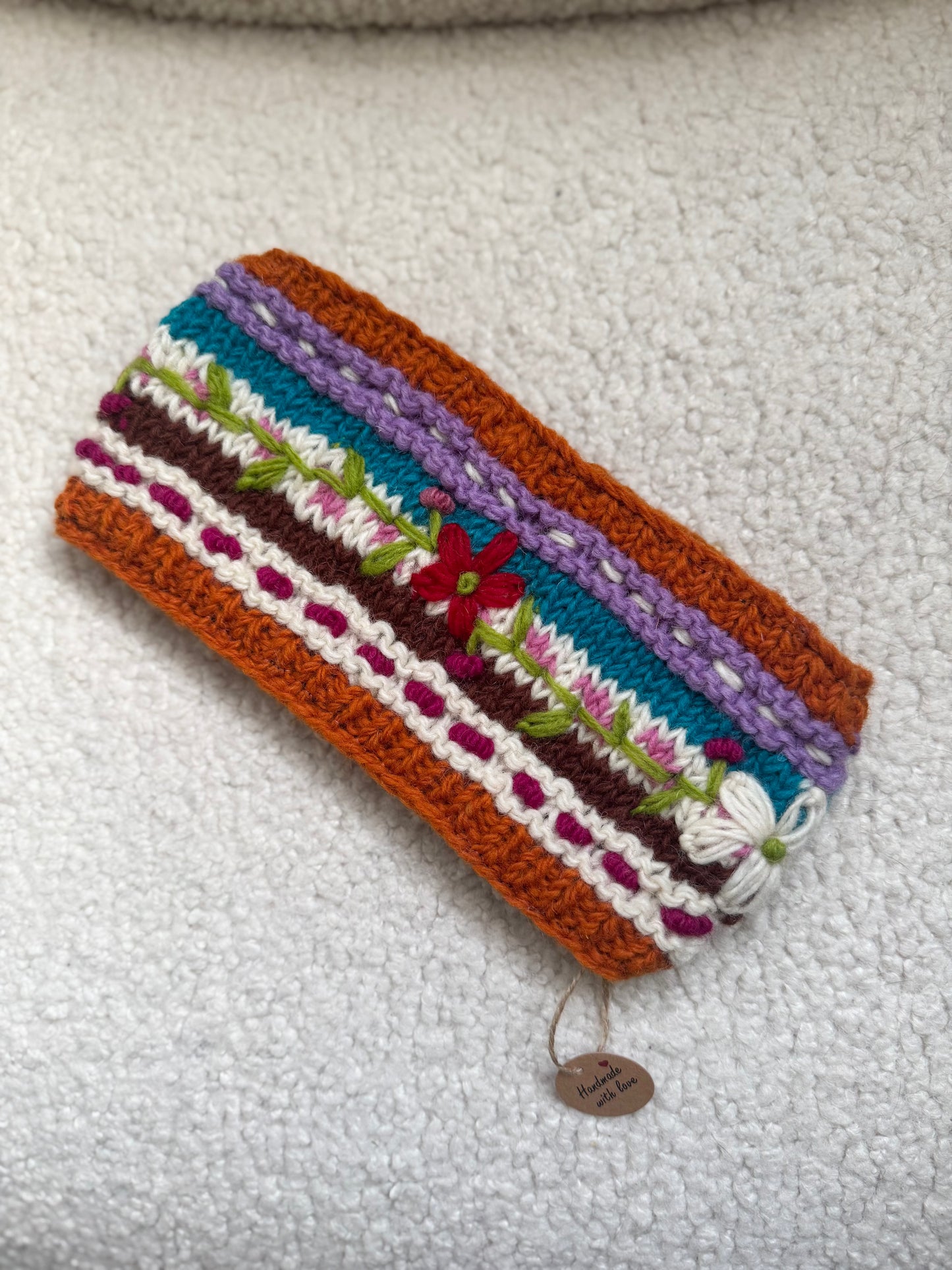 Hand Knit Floral Wool Ear Warmer – Embroidered Headband | Fleece Lined | One of a Kind | Made in Nepal
