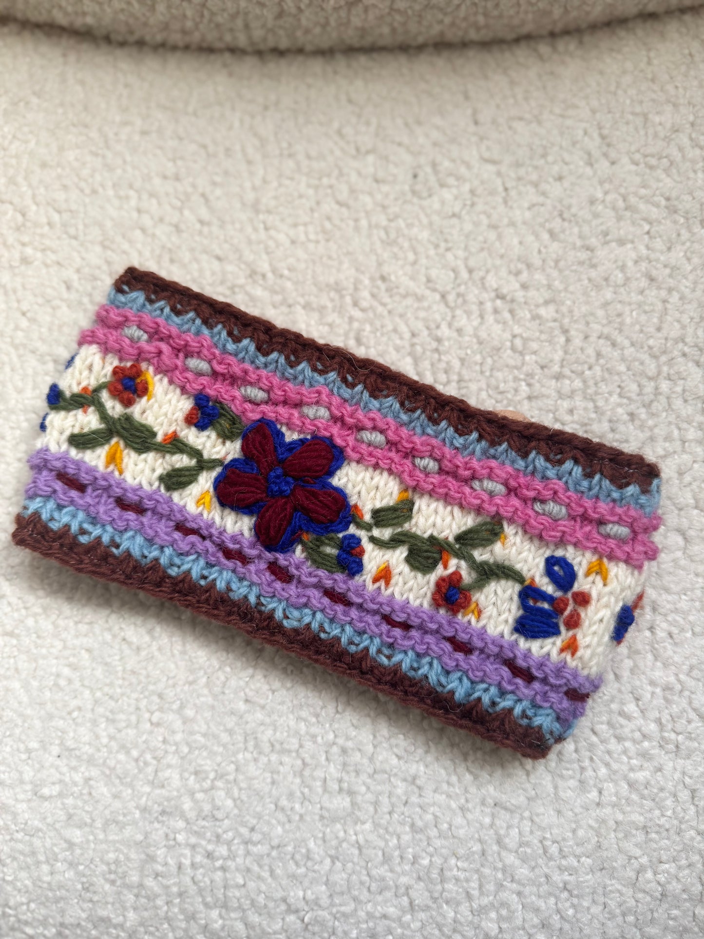 Hand Knit Floral Wool Ear Warmer – Embroidered Headband | Fleece Lined | One of a Kind | Made in Nepal