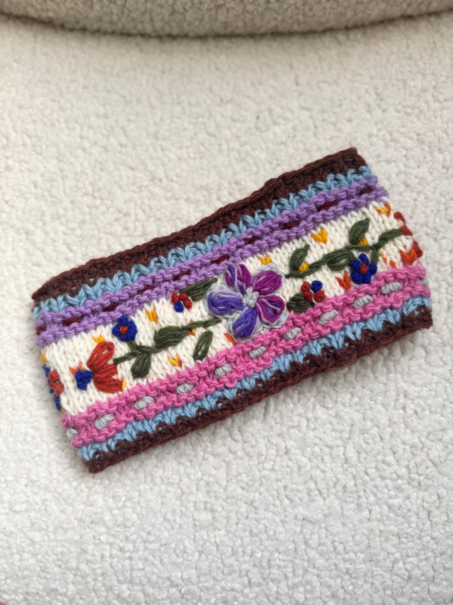 Hand Knit Floral Wool Ear Warmer – Embroidered Headband | Fleece Lined | One of a Kind | Made in Nepal