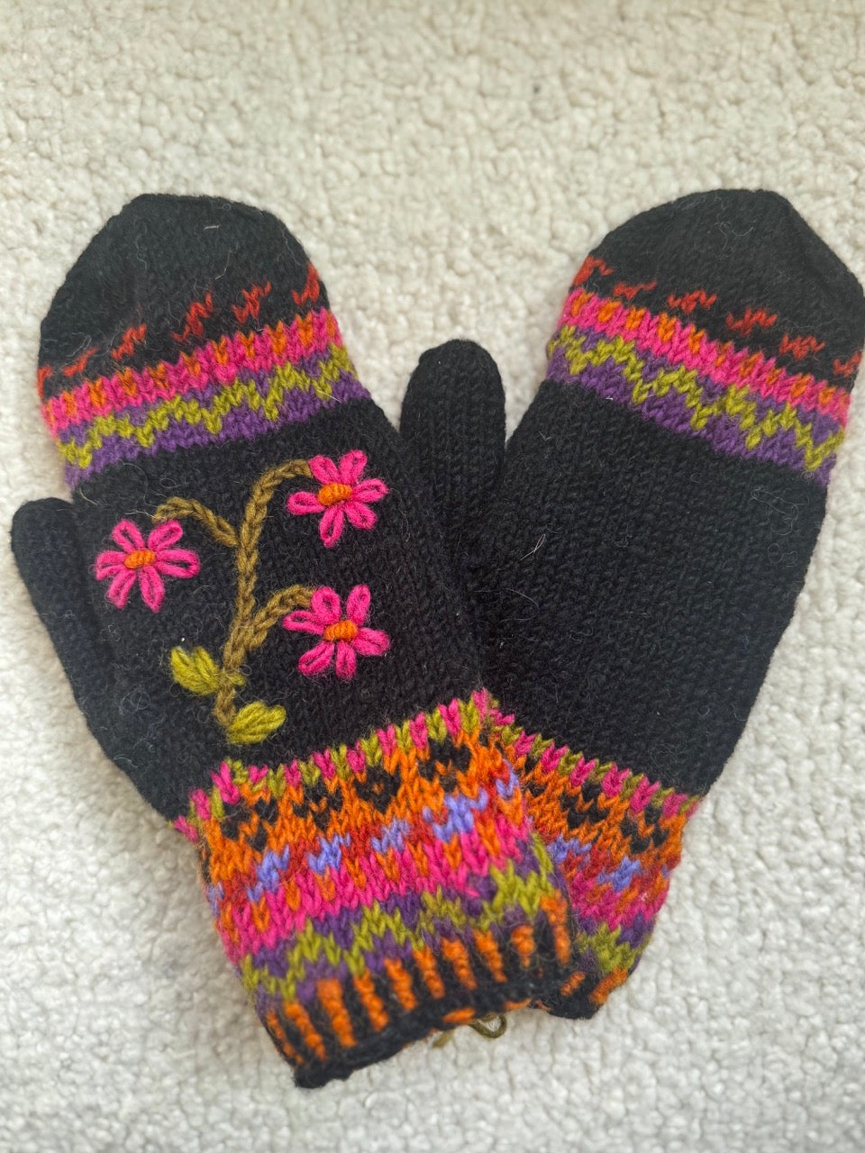 Hand Knit Wool Mittens – Fleece Lined, One of a Kind, Handmade in Nepal