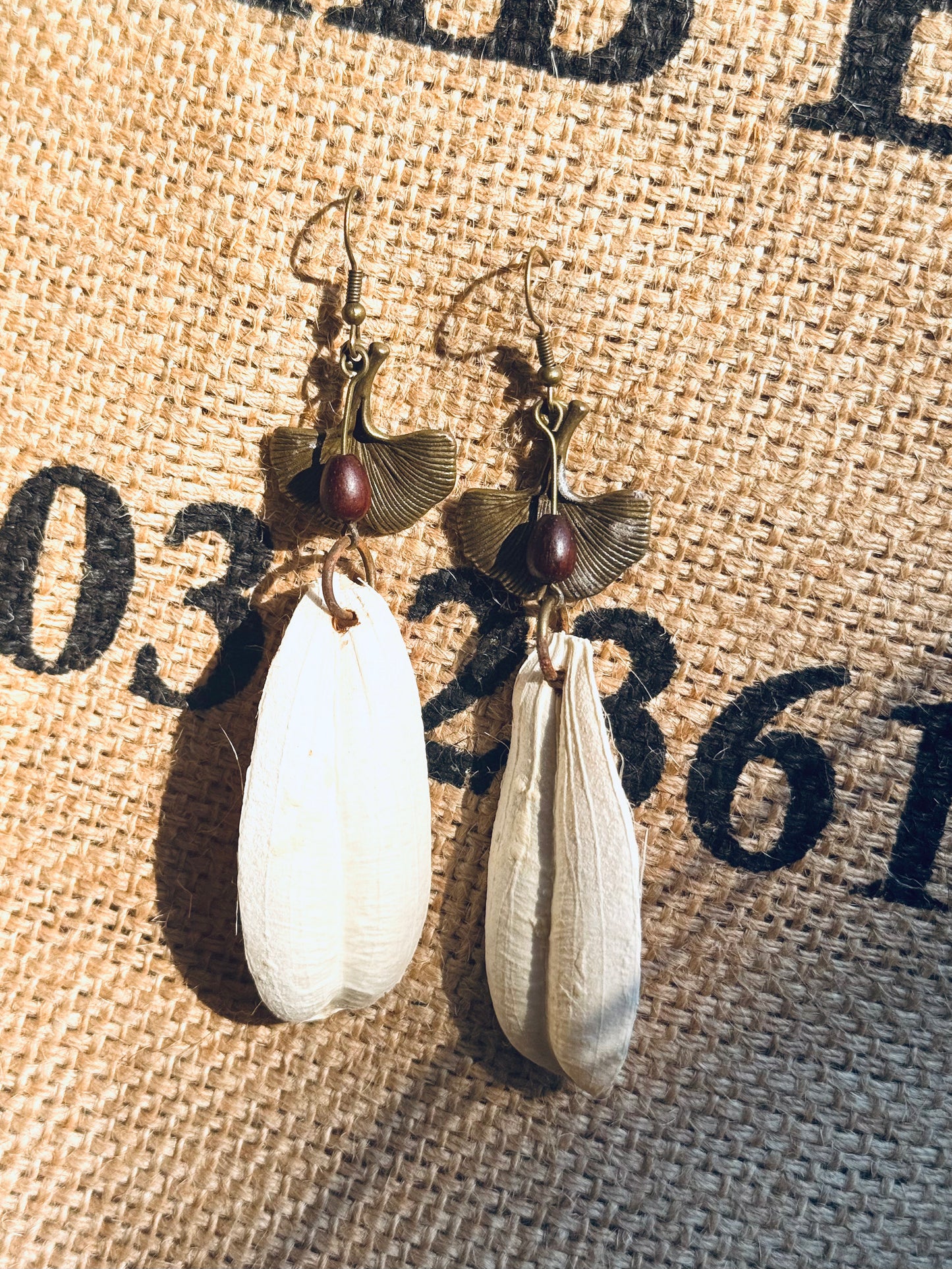 Sisal Fruit & Sandalwood Drop Earrings – Ginkgo Leaf Edition