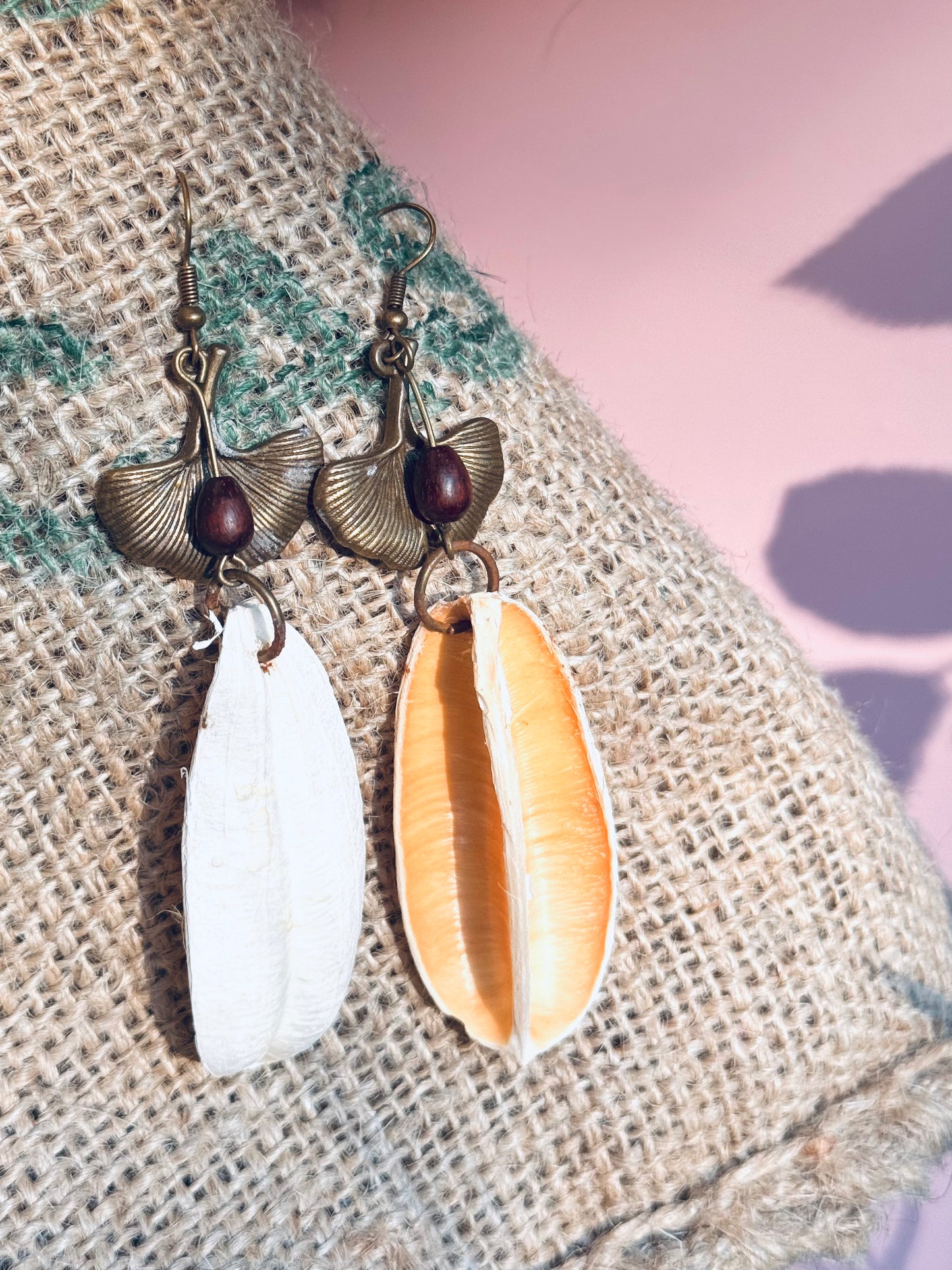 Sisal Fruit & Sandalwood Drop Earrings – Ginkgo Leaf Edition