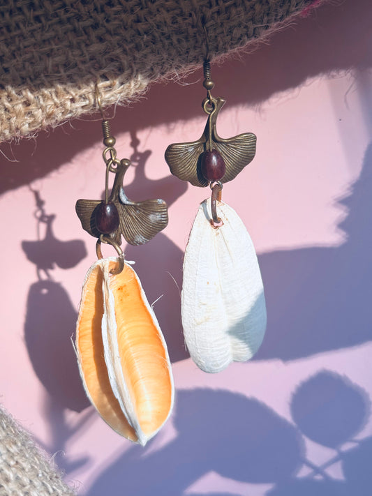 Sisal Fruit & Sandalwood Drop Earrings – Ginkgo Leaf Edition