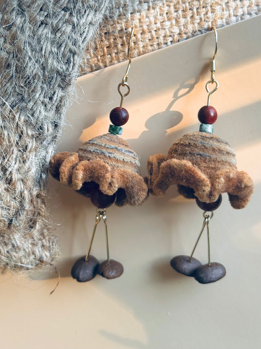 “Forest Friends” – Fuzzy Acorn Cap & Coffee Bean Earrings | 14K Gold Hook