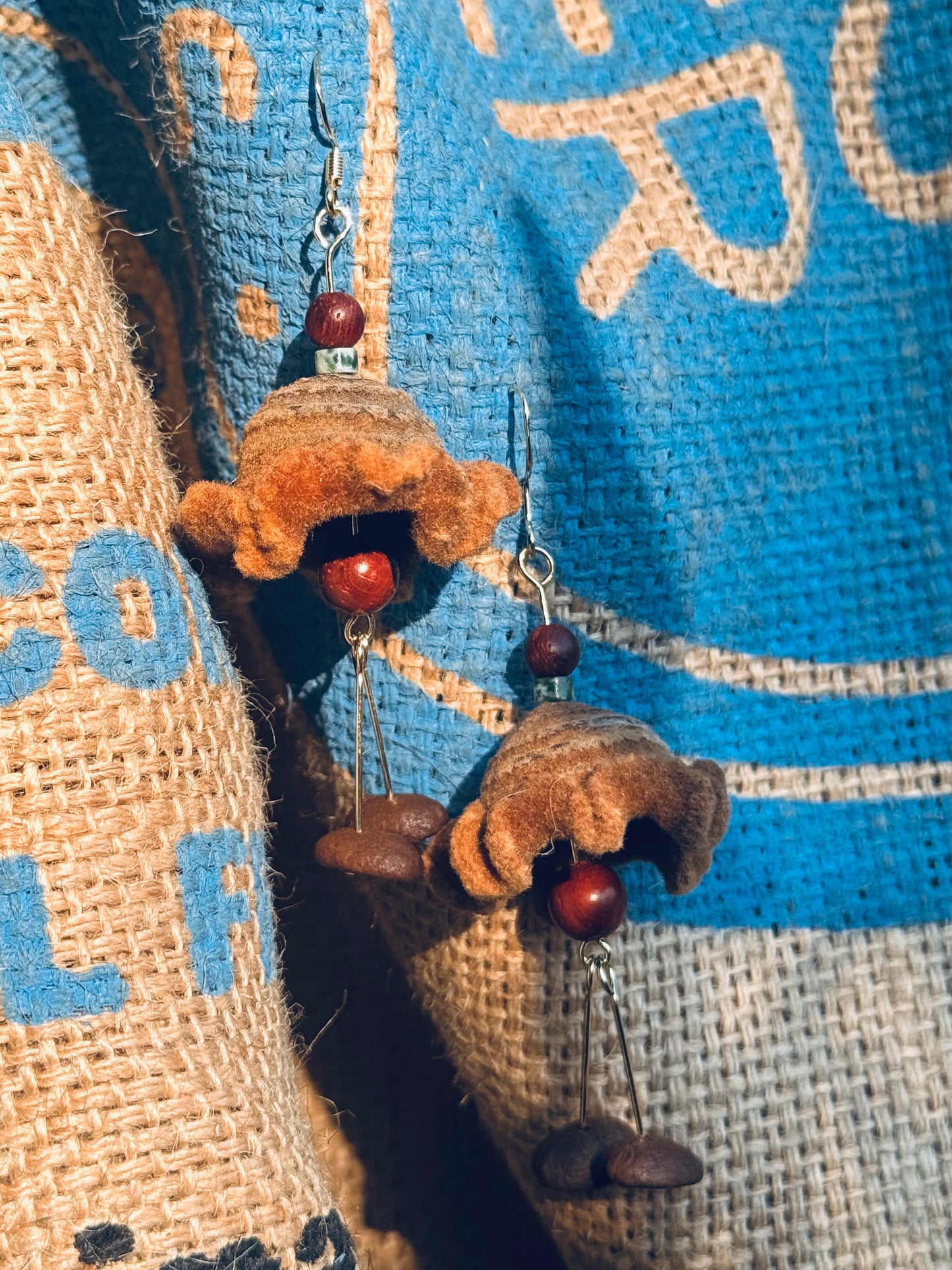 “Forest Friends” – Fuzzy Acorn Cap & Coffee Bean Earrings | 14K Gold Hook