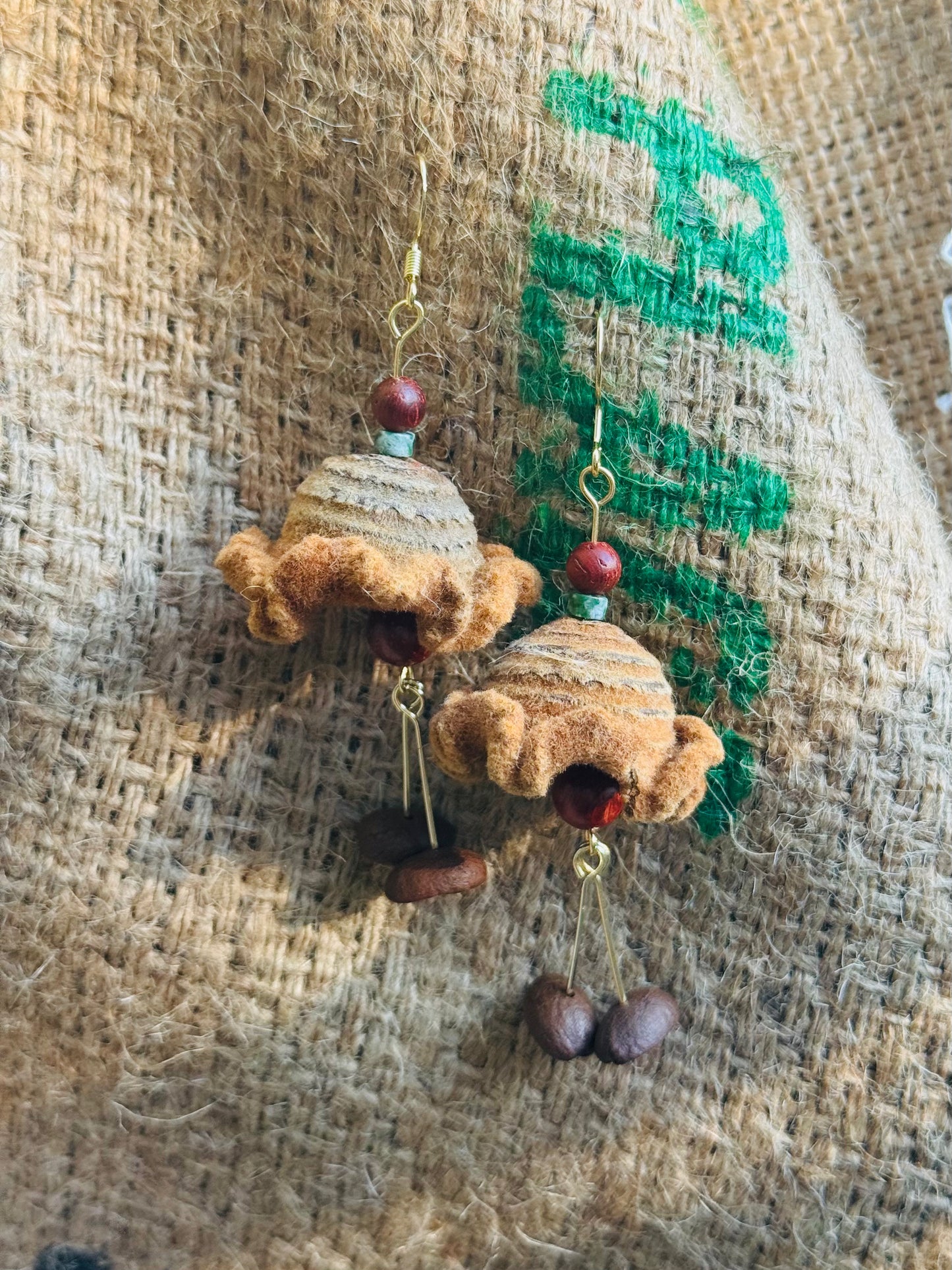 “Forest Friends” – Fuzzy Acorn Cap & Coffee Bean Earrings | 14K Gold Hook