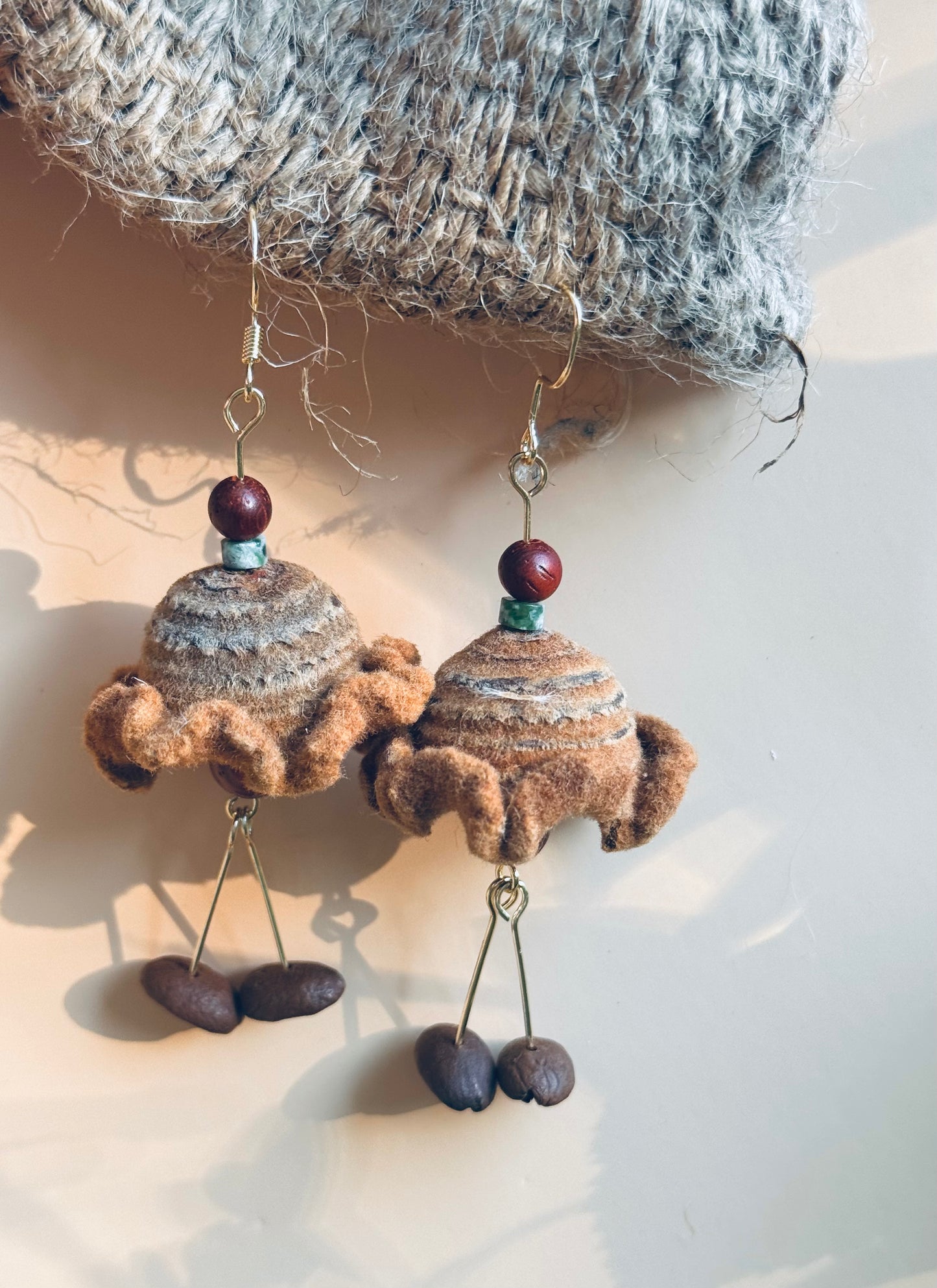“Forest Friends” – Fuzzy Acorn Cap & Coffee Bean Earrings | 14K Gold Hook
