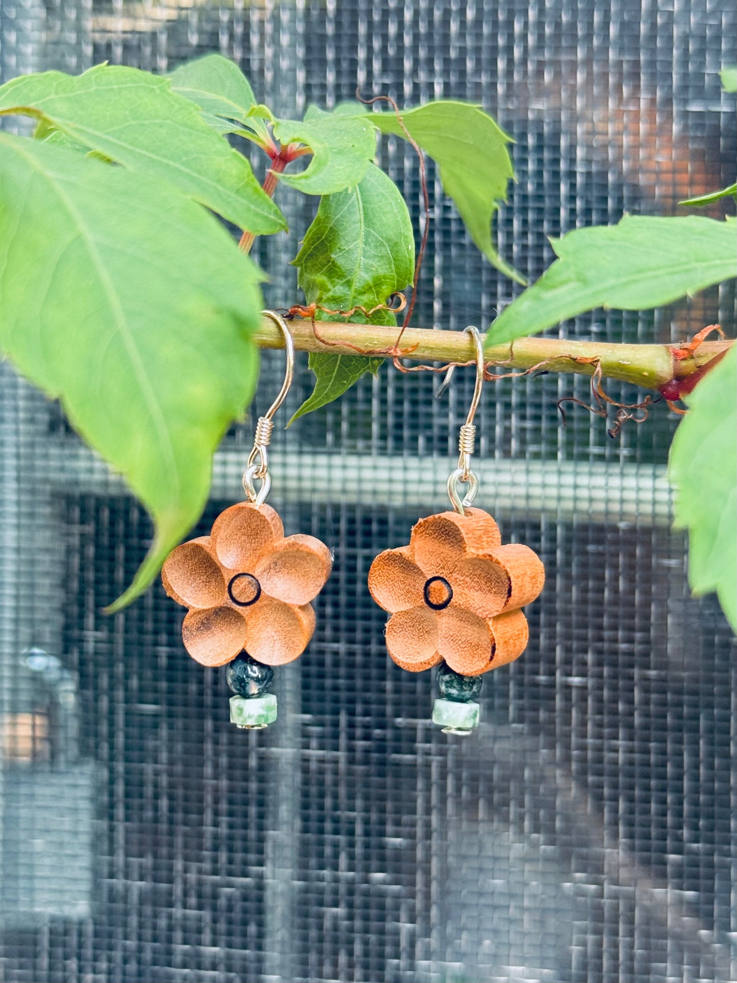Peach Wood Flower Earrings with Turquoise – Silver Hook