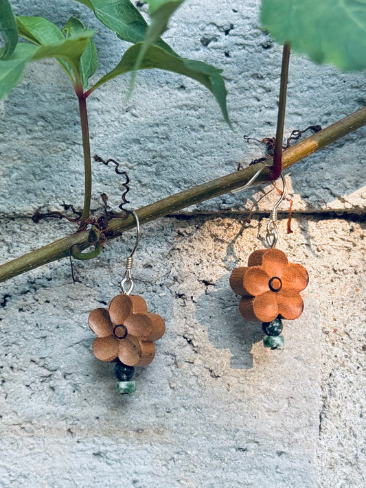 Peach Wood Flower Earrings with Turquoise – Silver Hook