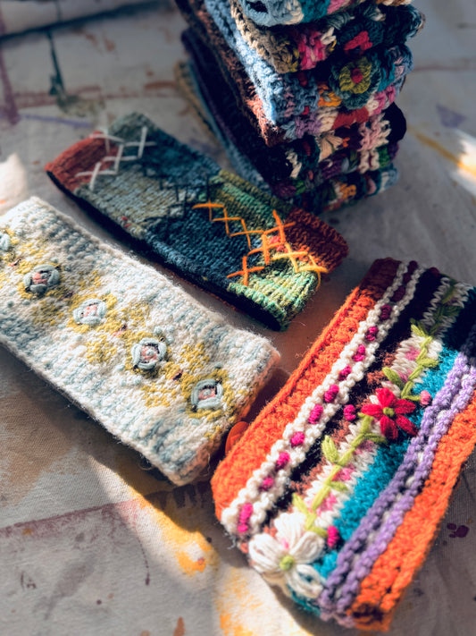 Hand Knit Floral Wool Ear Warmer – Embroidered Headband | Fleece Lined | One of a Kind | Made in Nepal