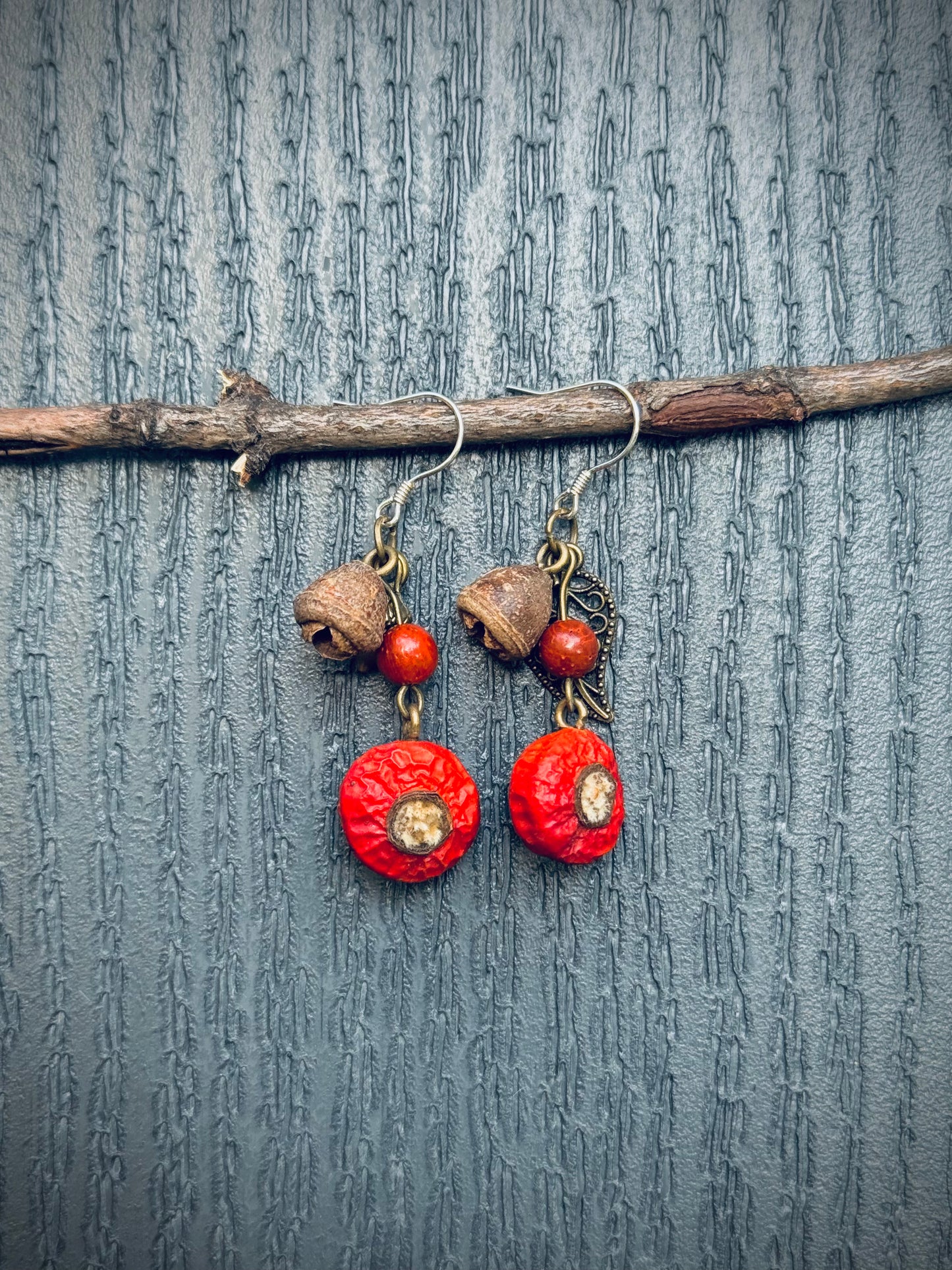 Rose Hip + Golden Bell + Red Padauk Earrings