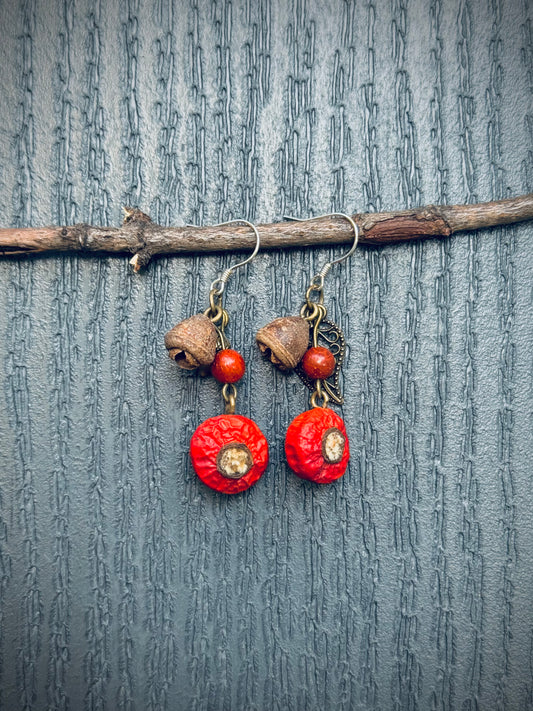Rose Hip + Golden Bell + Red Padauk Earrings