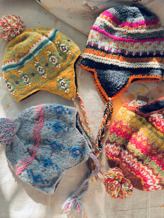 🧡 “Snow Carnival” Wool Earflap Hat(4 Options) – Handmade in Nepal 🇳🇵