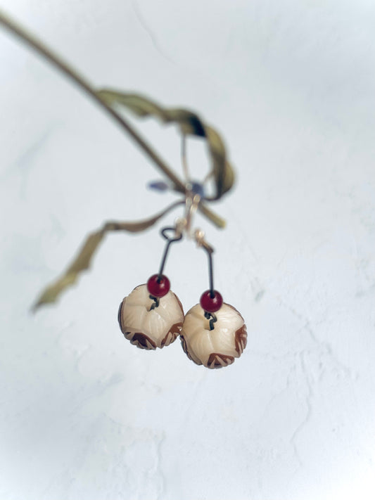 Carved Bodhi Root & Red Bead Earrings