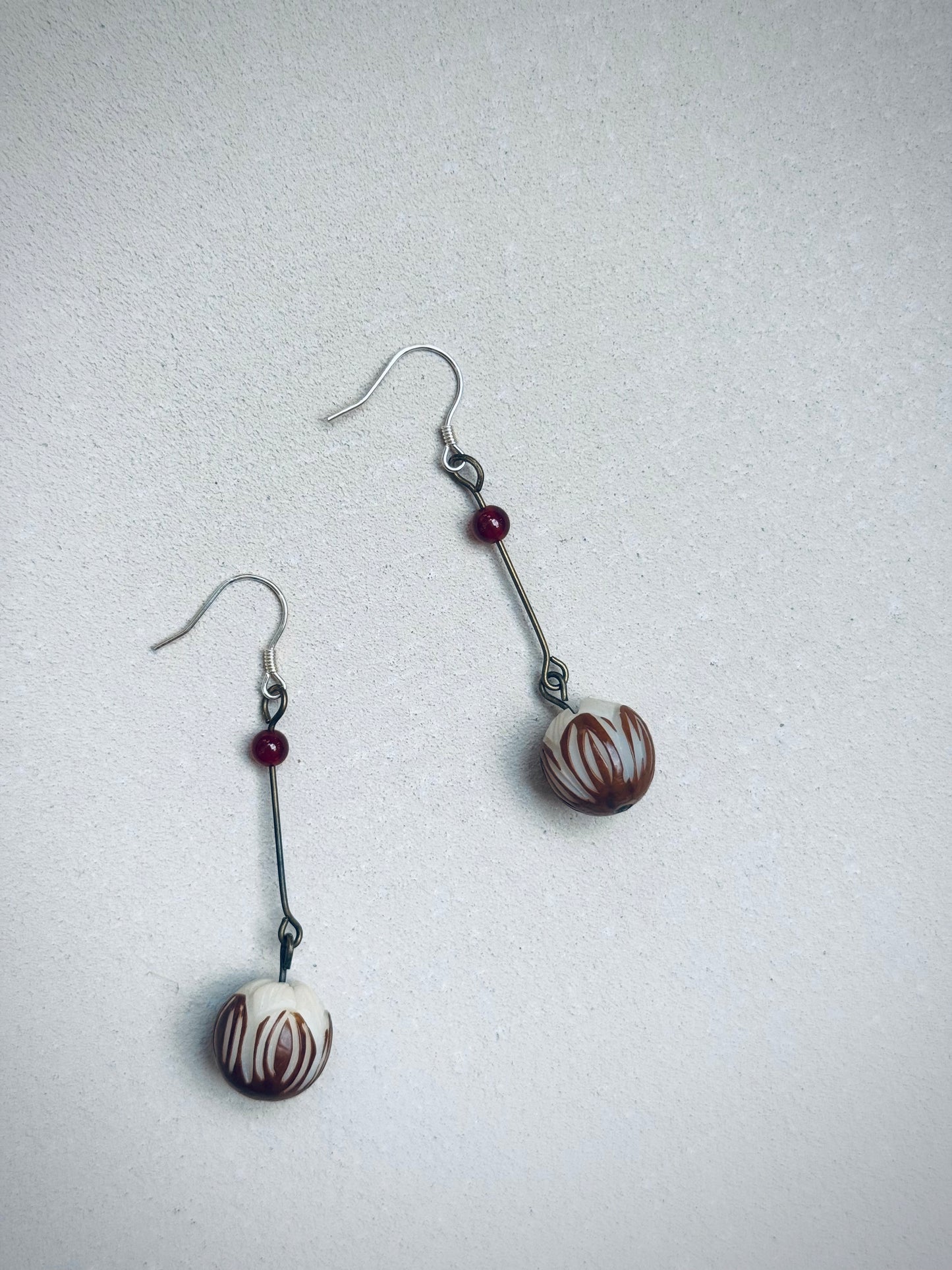Carved Bodhi Root & Red Bead Earrings