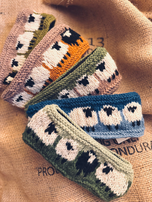 Hand Knit Wool Ear Warmer – Folk Sheepl Pattern | Fleece Lined | One of a Kind | Made in Nepal