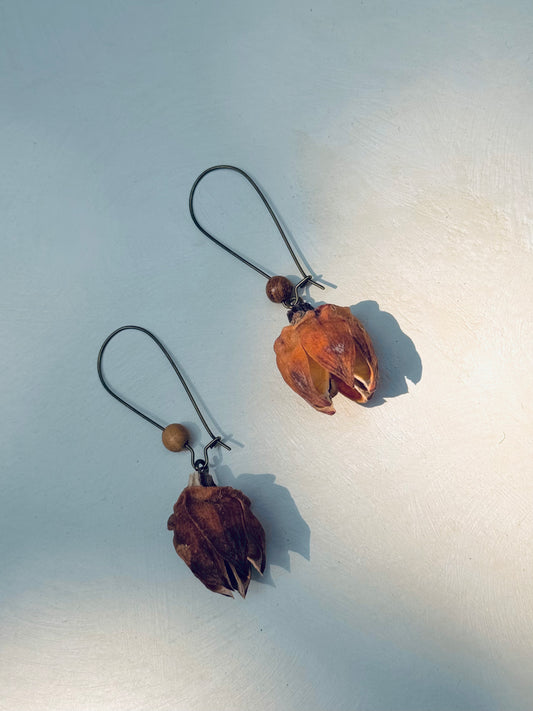 🌿 Sandalwood Blossom Drop Earrings – Copper & Rose Shell Accents