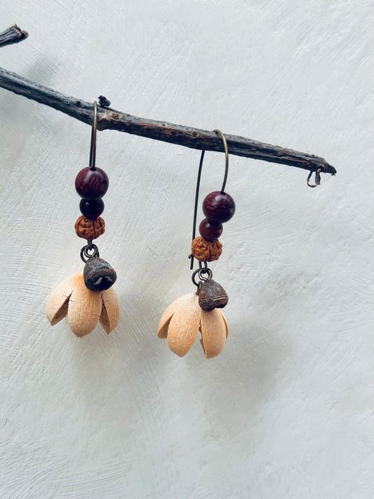 Nature Spirit Earrings – Smiling Seed, Vajra Bodhi, Bell Pod & Sandalwood
