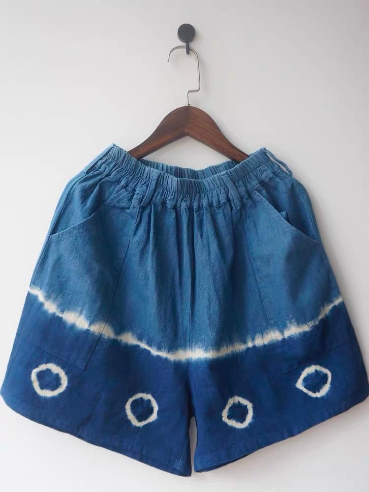 Handmade Indigo Dyed Cotton Shorts | Natural Plant Dye | Elastic Waist | One of a Kind Summer Shorts