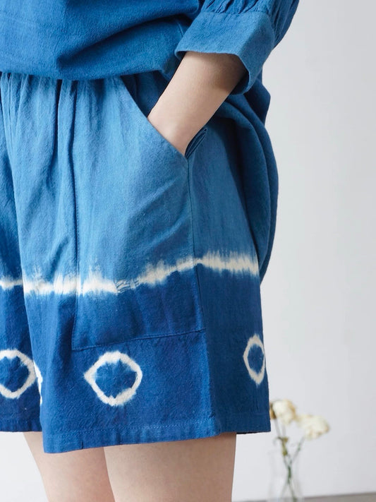Handmade Indigo Dyed Cotton Shorts | Natural Plant Dye | Elastic Waist | One of a Kind Summer Shorts