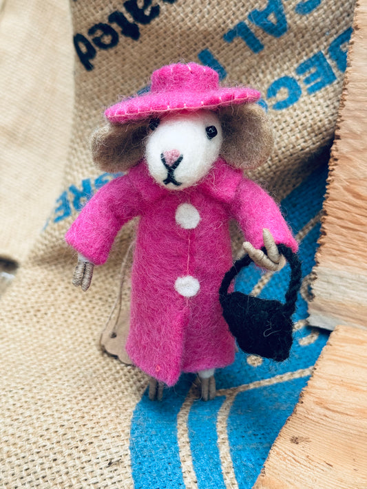 💖 Miss Pink – Felted Wool Mouse Ornament with Purse