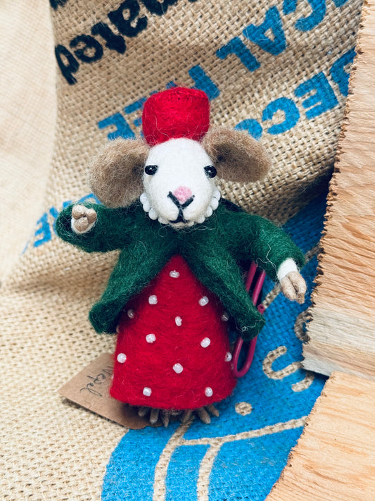 🍓 Strawberry Belle – Felted Wool Mouse Ornament
