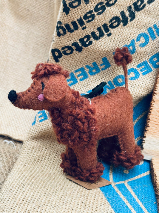 🐩 Brown Felted Wool Poodle – Handmade Ornament