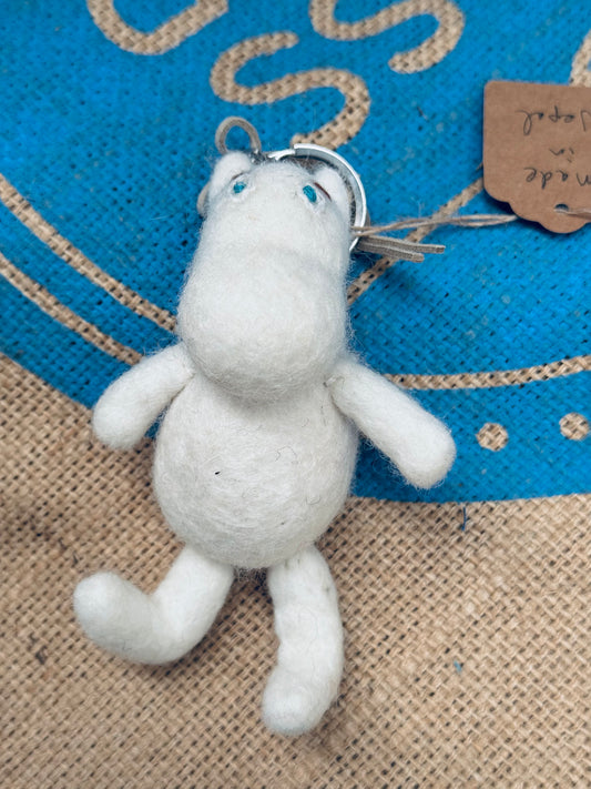 Handmade Felted Wool Keychain – White Moomin Style