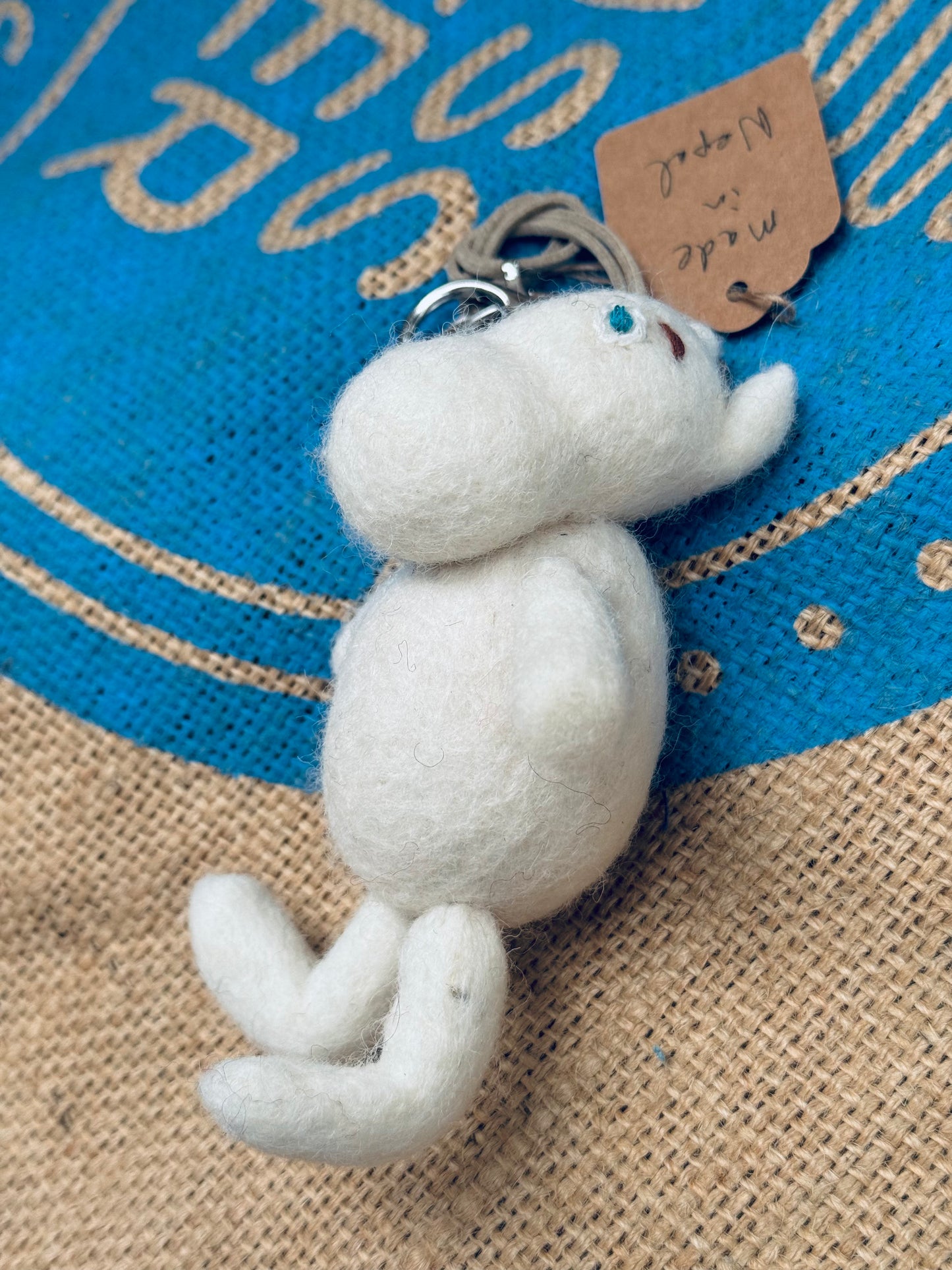 Handmade Felted Wool Keychain – White Moomin Style