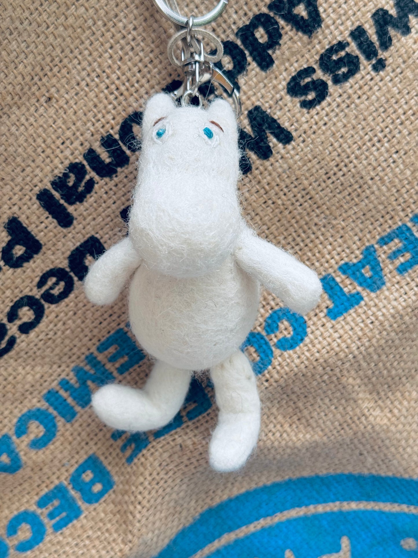 Handmade Felted Wool Keychain – White Moomin Style