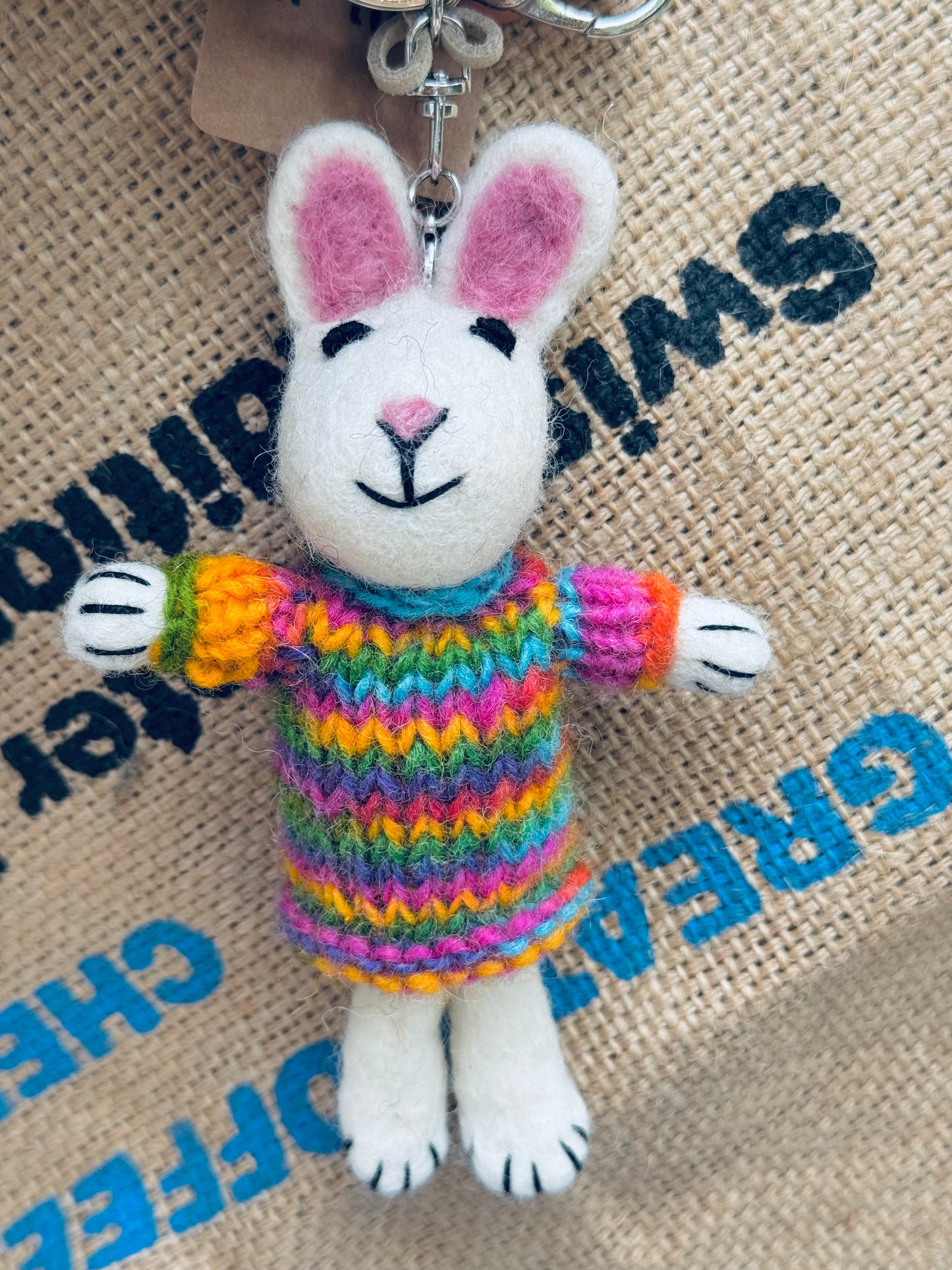 Handmade Felted Wool Bunny in Rainbow Sweater – Keychain / Ornament