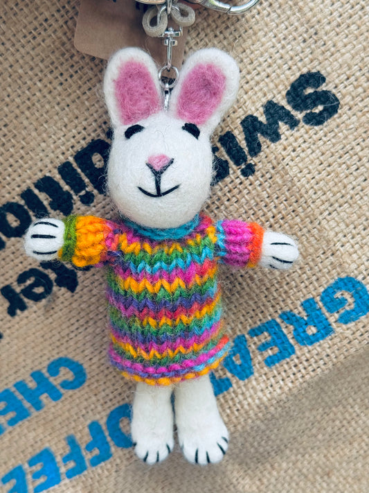 Handmade Felted Wool Bunny in Rainbow Sweater – Keychain / Ornament