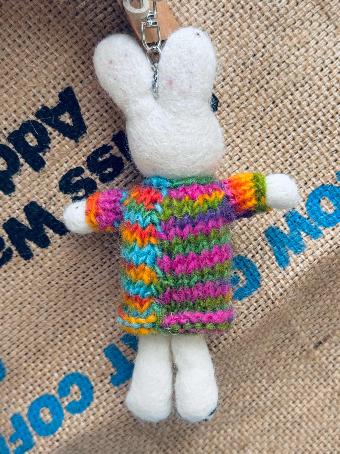 Handmade Felted Wool Bunny in Rainbow Sweater – Keychain / Ornament