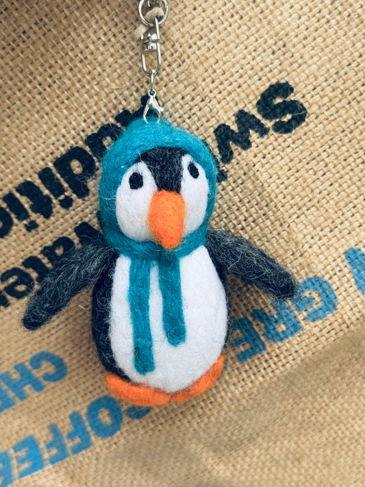 Handmade Felted Wool Penguin Keychain – Made in Nepal