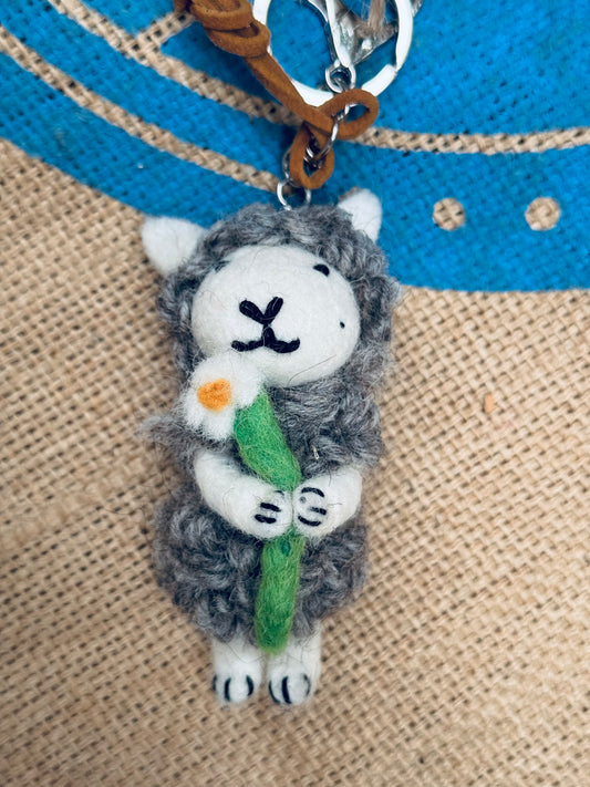 Handmade Felt Wool Lamb Keychain – Flower Hug Edition 🐑🌼