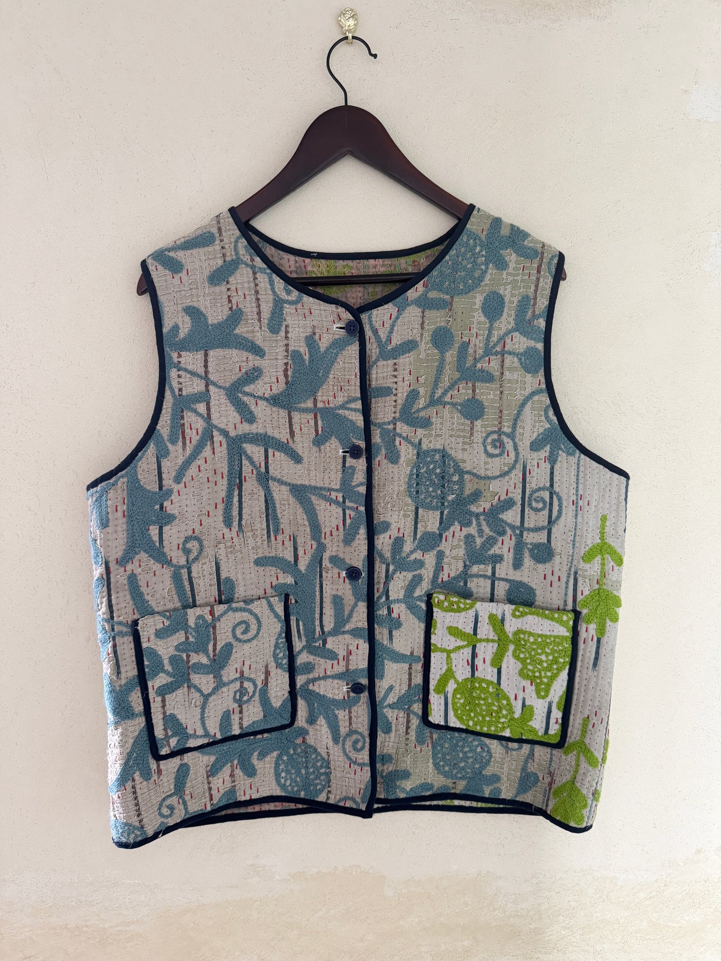 Hand Embroidered Suzani Style Cotton Vest | One of a Kind Artisan Piece