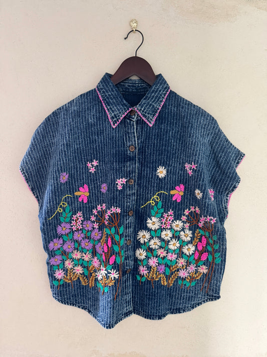 Hand-Embroidered Indigo Cotton Shirt | Short Sleeve Artisan Top
