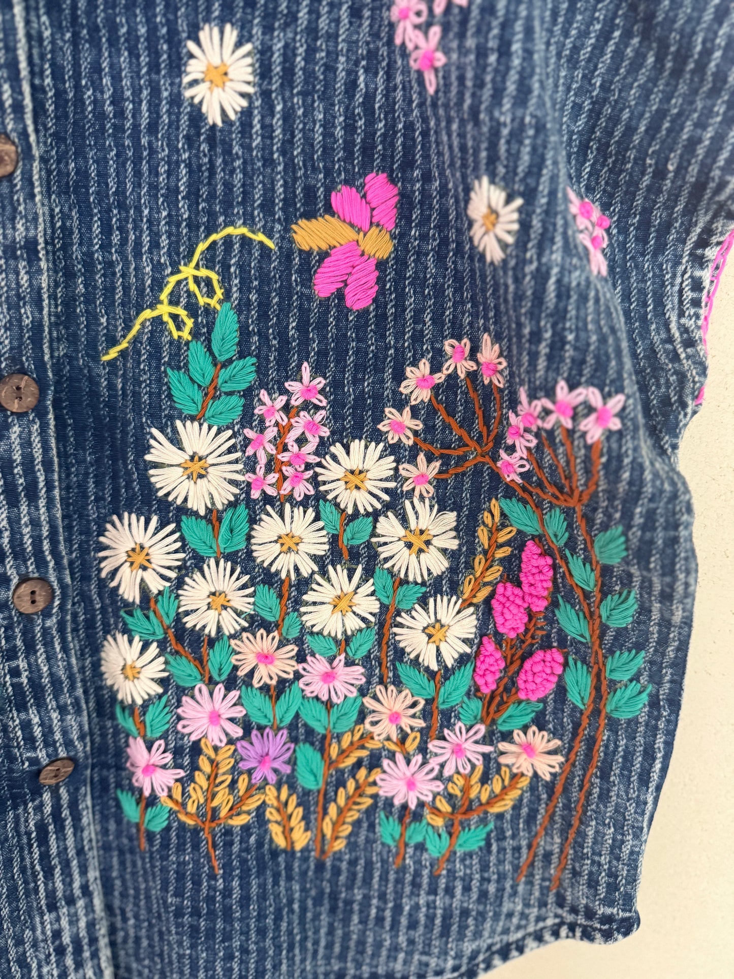 Hand-Embroidered Indigo Cotton Shirt | Short Sleeve Artisan Top