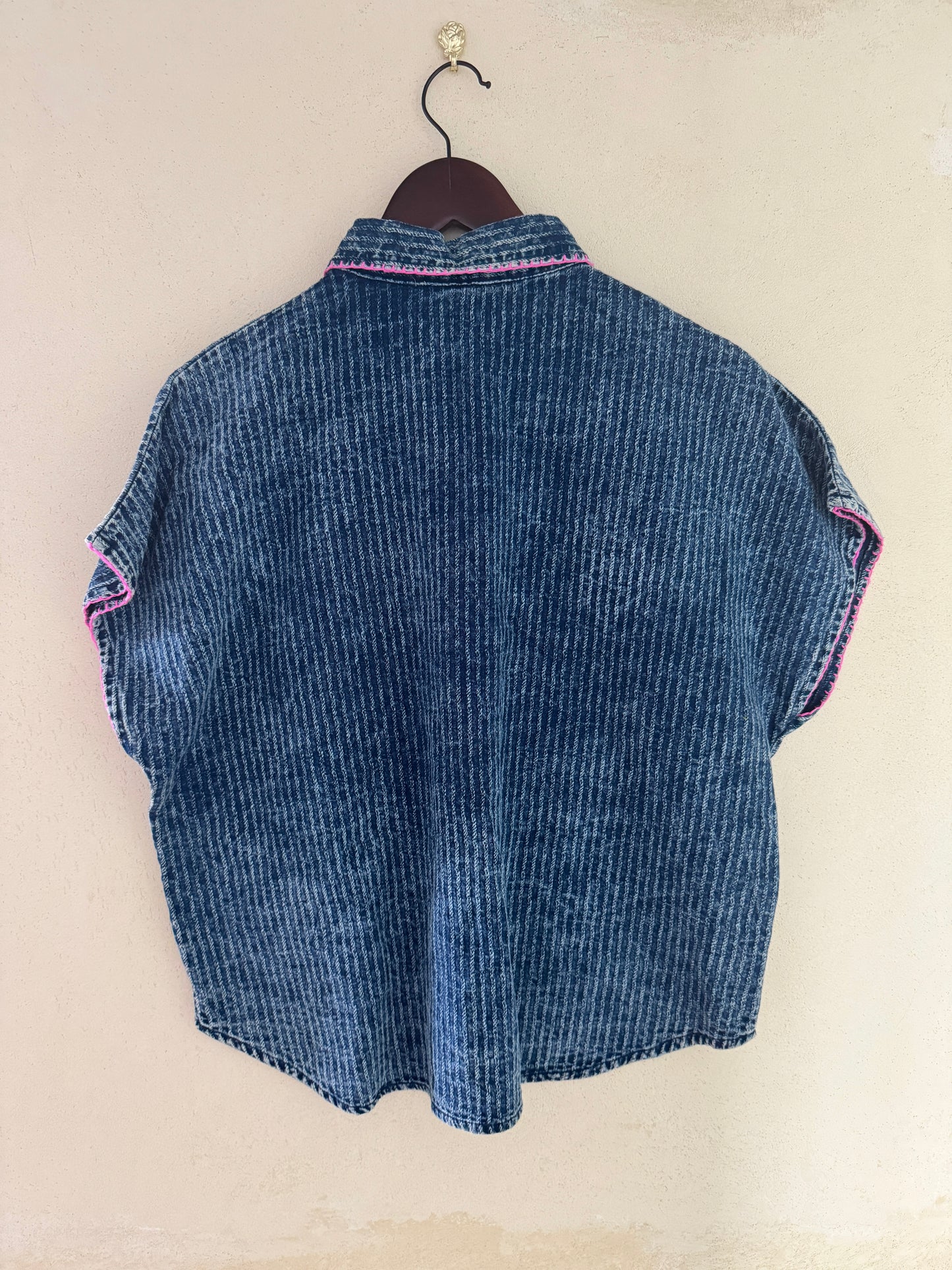 Hand-Embroidered Indigo Cotton Shirt | Short Sleeve Artisan Top