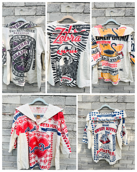 Vintage Sailor Collar Graphic Top – Retro Farm Label Collection