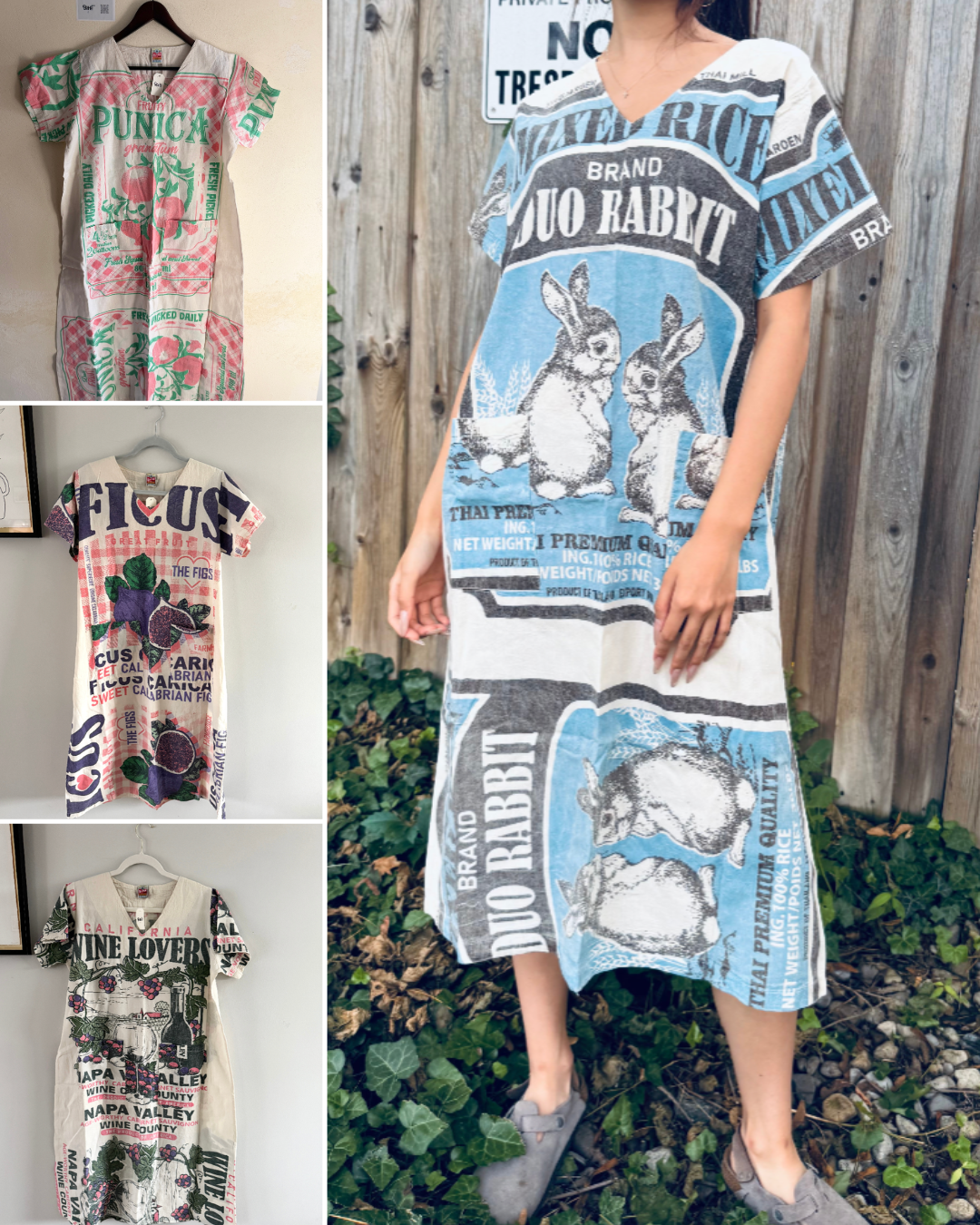 Multi Pattern V-Neck Dress – Washed Cotton Upcycled Artwear