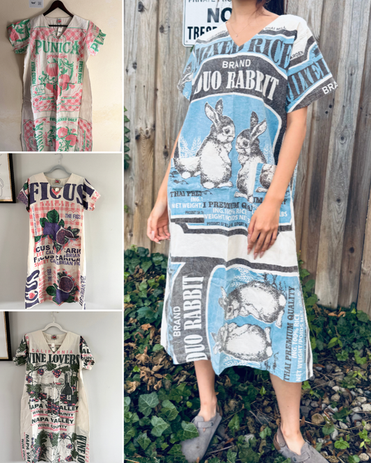 Multi Pattern V-Neck Dress – Washed Cotton Upcycled Artwear