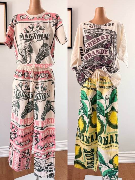 Thai Handmade Lemon/Magnolia Prints Wide Leg Pants