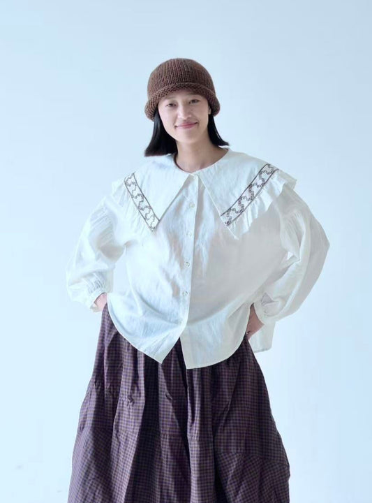 Cotton Blouse with Embroidered Collar – White